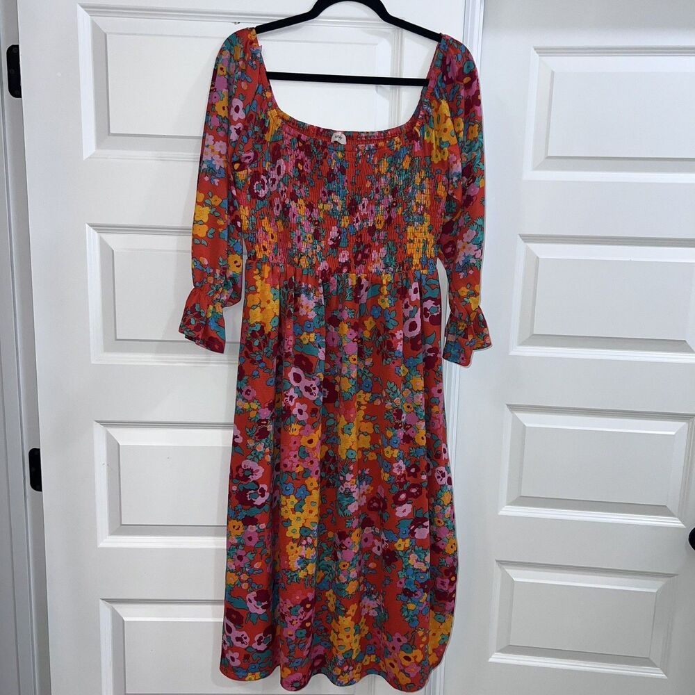 SugarLips Midi Dress Smocked Top Ruffle Sleeves Red Multi Women’s Size Large